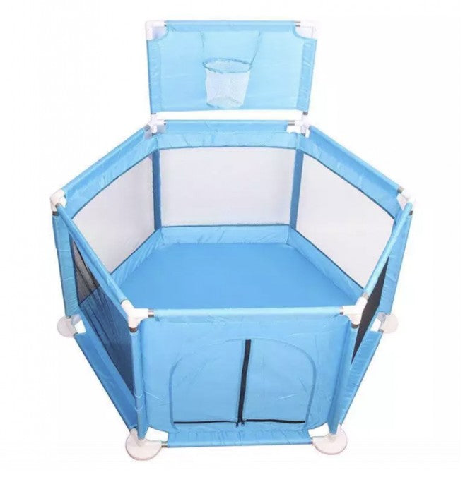 Tarc/loc de joaca pentru copii, Zola, hexagonal, include 29 bile colorate, cos de baschet, material textil si plasa, elemente de fixare, 130 x 65 cm, albastru Tarc/loc de joaca pentru copii, Zola, hexagonal, include 29 bile colorate, cos de baschet, material textil si plasa, elemente de fixare, 130 x 65 cm, albastru